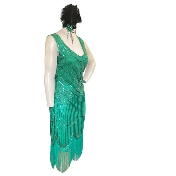 Flapper Roaring 20s Cosplay Costume Dress & Headdress Sz M Green 169C - Picture 5 of 10